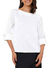 Dressy Casual Boat Neck 3/4 Sleeve Work Satin Blouse