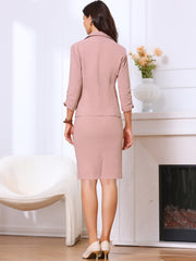 2 Pieces Business Ruched 3/4 Sleeves Blazer & Pencil Skirt Suit Set