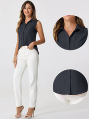 Denim Button Down Sleeveless Lapel V Neck Chambray Tunic Top