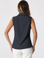 Denim Button Down Sleeveless Lapel V Neck Chambray Tunic Top