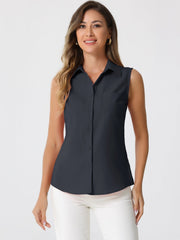 Denim Button Down Sleeveless Lapel V Neck Chambray Tunic Top