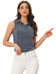 Denim Button Down Sleeveless Lapel V Neck Chambray Tunic Top