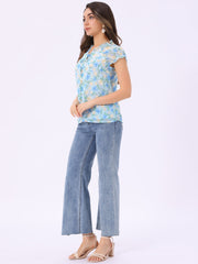 Ditsy Floral Print Chiffon Short Sleeve Ruffle Blouse