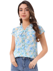 Ditsy Floral Print Chiffon Short Sleeve Ruffle Blouse