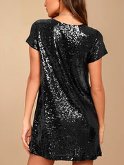V Neck Sequin Short Sleeves Mini Party Dress