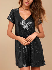 V Neck Sequin Short Sleeves Mini Party Dress