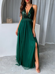 Sequin Mesh Spaghetti Strap Backless Slit Maxi Dress