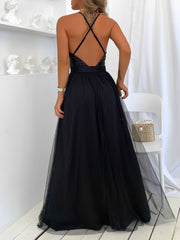 Sequin Mesh Spaghetti Strap Backless Slit Maxi Dress