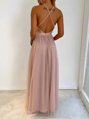 Sequin Mesh Spaghetti Strap Backless Slit Maxi Dress