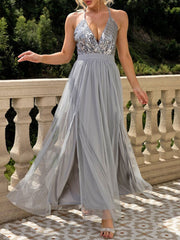 Sequin Mesh Spaghetti Strap Backless Slit Maxi Dress