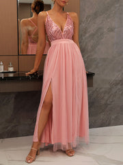 Sequin Mesh Spaghetti Strap Backless Slit Maxi Dress