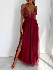 Sequin Mesh Spaghetti Strap Backless Slit Maxi Dress