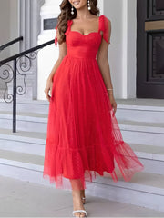 Sexy Sheer Swiss Dots Mesh Lace-Up Sleeveless Maxi Party Dress
