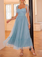 Sexy Sheer Swiss Dots Mesh Lace-Up Sleeveless Maxi Party Dress