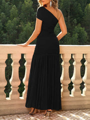 One Shoulder Ruched Bodycon Slit Maxi Dress