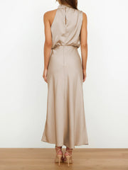 Elegant Halter Ruched Satin Sleeveless Midi Bridesmaid Wedding Party Dress
