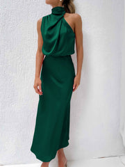 Elegant Halter Ruched Satin Sleeveless Midi Bridesmaid Wedding Party Dress