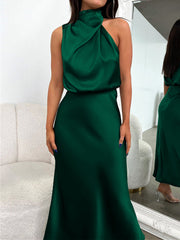 Elegant Halter Ruched Satin Sleeveless Midi Bridesmaid Wedding Party Dress