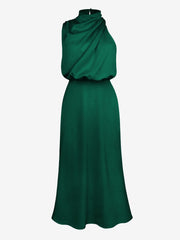 Elegant Halter Ruched Satin Sleeveless Midi Bridesmaid Wedding Party Dress