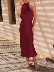 Elegant Halter Ruched Satin Sleeveless Midi Bridesmaid Wedding Party Dress