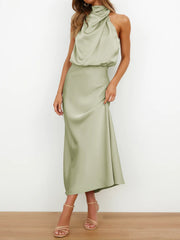 Elegant Halter Ruched Satin Sleeveless Midi Bridesmaid Wedding Party Dress