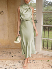 Elegant Halter Ruched Satin Sleeveless Midi Bridesmaid Wedding Party Dress