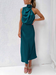 Elegant Halter Ruched Satin Sleeveless Midi Bridesmaid Wedding Party Dress
