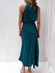 Elegant Halter Ruched Satin Sleeveless Midi Bridesmaid Wedding Party Dress