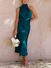 Elegant Halter Ruched Satin Sleeveless Midi Bridesmaid Wedding Party Dress
