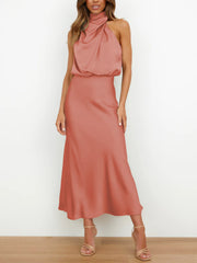 Elegant Halter Ruched Satin Sleeveless Midi Bridesmaid Wedding Party Dress