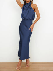 Elegant Halter Ruched Satin Sleeveless Midi Bridesmaid Wedding Party Dress