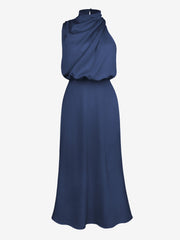 Elegant Halter Ruched Satin Sleeveless Midi Bridesmaid Wedding Party Dress