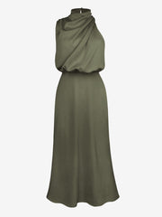 Elegant Halter Ruched Satin Sleeveless Midi Bridesmaid Wedding Party Dress