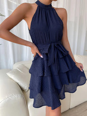Flattering Empire Waist Sleeveless Halter Neck Textured Ruffled Tiered Mini Dress