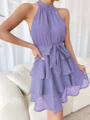 Flattering Empire Waist Sleeveless Halter Neck Textured Ruffled Tiered Mini Dress