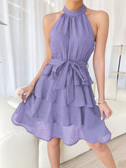 Flattering Empire Waist Sleeveless Halter Neck Textured Ruffled Tiered Mini Dress