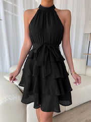 Flattering Empire Waist Sleeveless Halter Neck Textured Ruffled Tiered Mini Dress