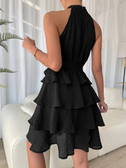 Flattering Empire Waist Sleeveless Halter Neck Textured Ruffled Tiered Mini Dress