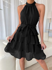 Flattering Empire Waist Sleeveless Halter Neck Textured Ruffled Tiered Mini Dress
