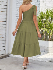 Elastic Smocking & Asymmetric Slit Sleeveless Tiered Party Night Elegant Dress