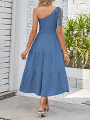 Elastic Smocking & Asymmetric Slit Sleeveless Tiered Party Night Elegant Dress