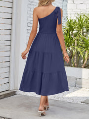 Elastic Smocking & Asymmetric Slit Sleeveless Tiered Party Night Elegant Dress