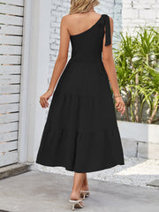 Elastic Smocking & Asymmetric Slit Sleeveless Tiered Party Night Elegant Dress