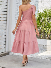 Elastic Smocking & Asymmetric Slit Sleeveless Tiered Party Night Elegant Dress