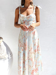 Boho All-Over Bloom Print Floral Adjustable Lace-Up Sleeveless A-Line Midi Dress