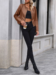 Long Sleeve Solid Color PU Leather Zipper Jacket