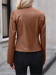 Long Sleeve Solid Color PU Leather Zipper Jacket