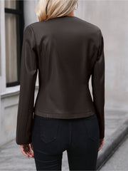 Long Sleeve Solid Color PU Leather Zipper Jacket