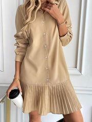 Solid Color Collared Pleated Mini Shirt Dress
