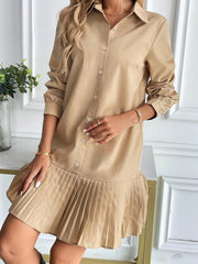 Solid Color Collared Pleated Mini Shirt Dress